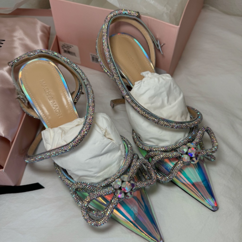 MACH & MACH Victoria Iridescent Double Bow Pointed Toe Pump